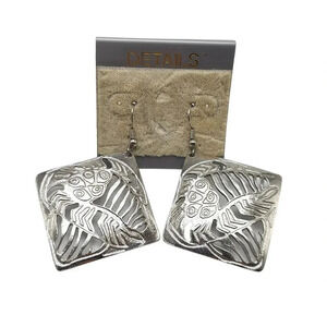 DETAILS Abstract Floral Square Dangle Drop Earrings Silver Tone Vintage NOS